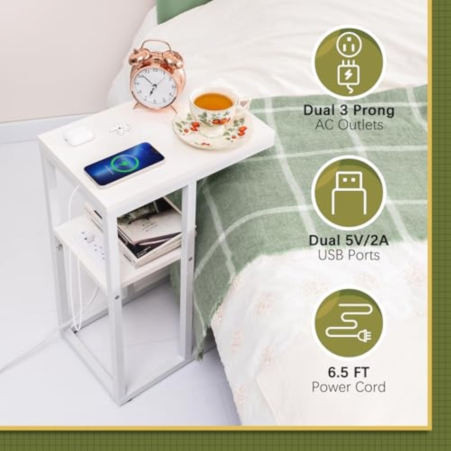 Yoobure C Shaped End Table with Charging Station
