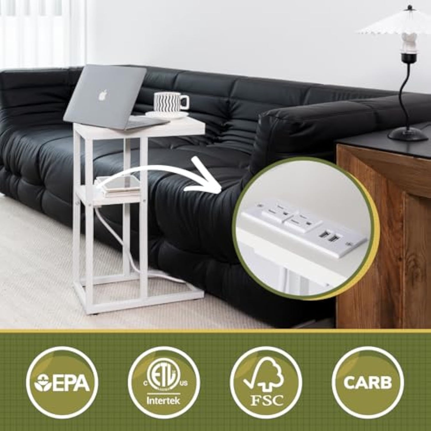 Yoobure C Shaped End Table with Charging Station